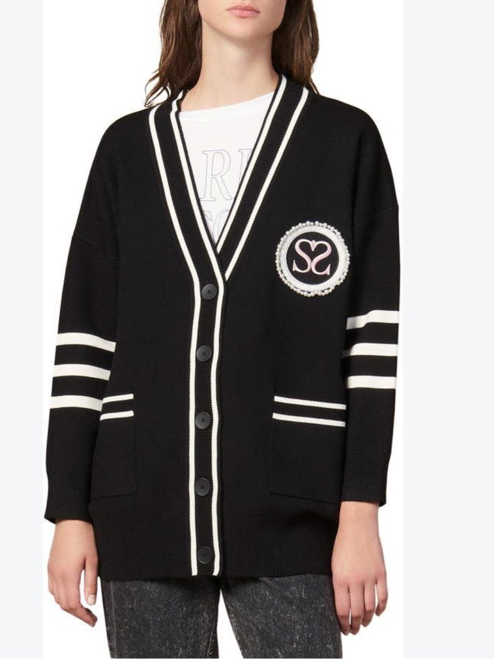 Sandro Black Melna Crest Cardigan Sweater